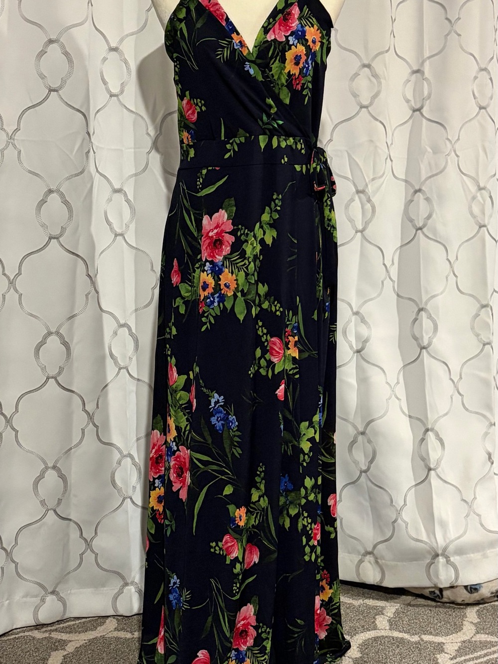 Le Lis Ranada Floral Faux Wrap Maxi Dress XL Navy Pink Blue Tie Waist